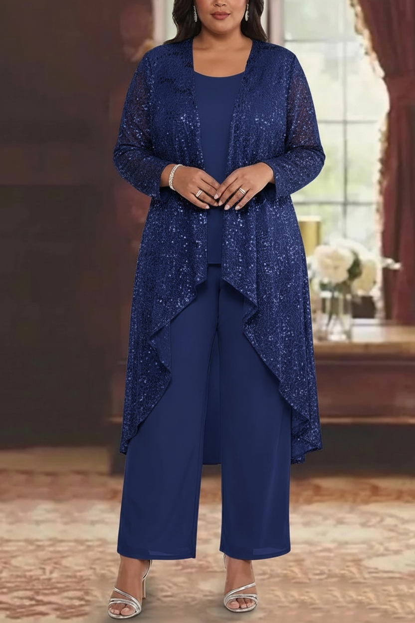 3 Pieces Chiffon Sequins Scoop Plus Size Mother of the Bride Pantsuits with Jacket Long Sleeves Ankle-Length