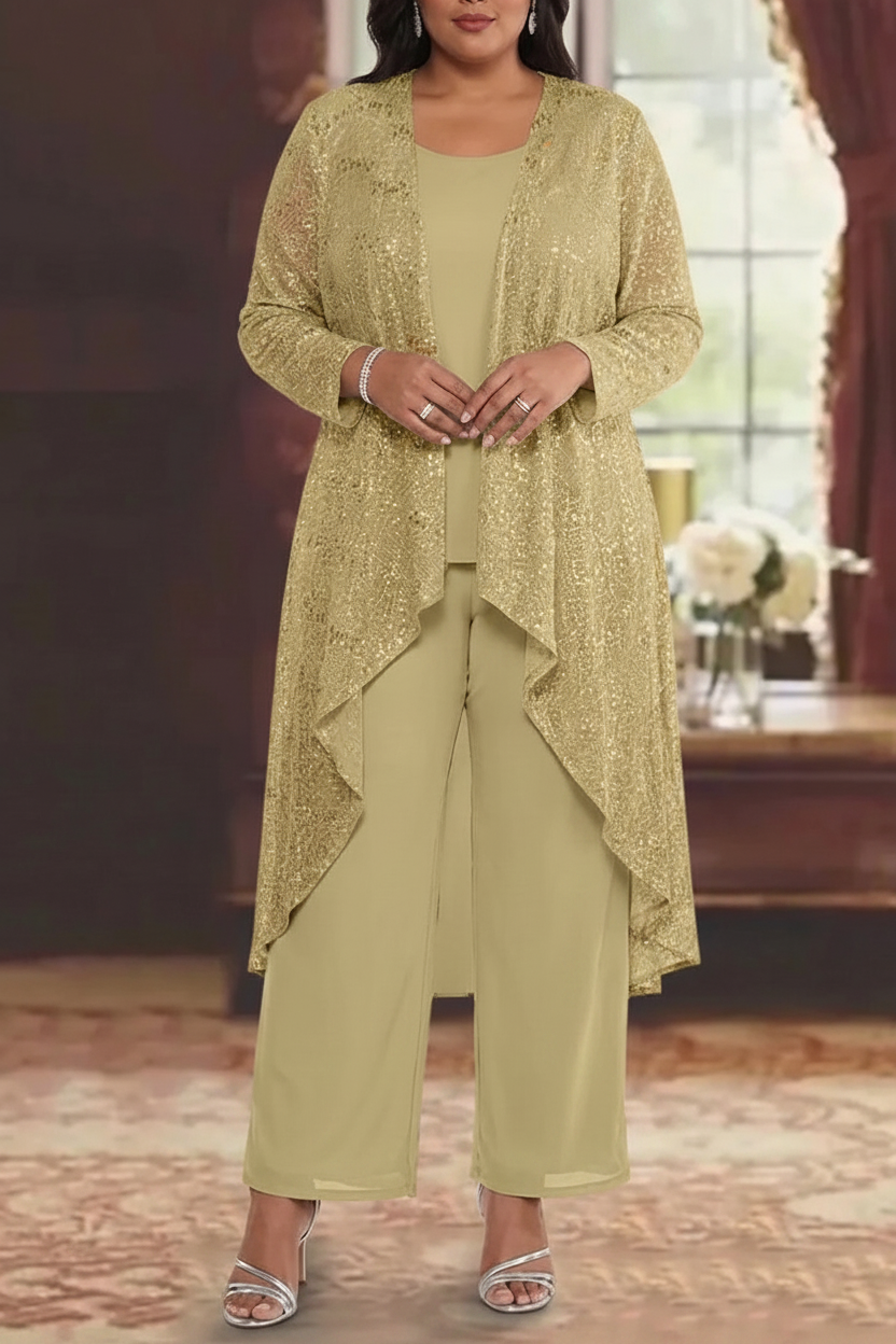 3 Pieces Chiffon Sequins Scoop Plus Size Mother of the Bride Pantsuits with Jacket Long Sleeves Ankle-Length