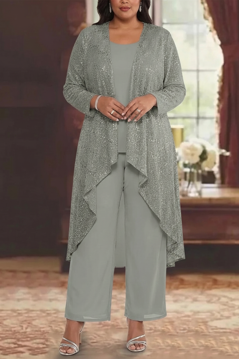 3 Pieces Chiffon Sequins Scoop Plus Size Mother of the Bride Pantsuits with Jacket Long Sleeves Ankle-Length