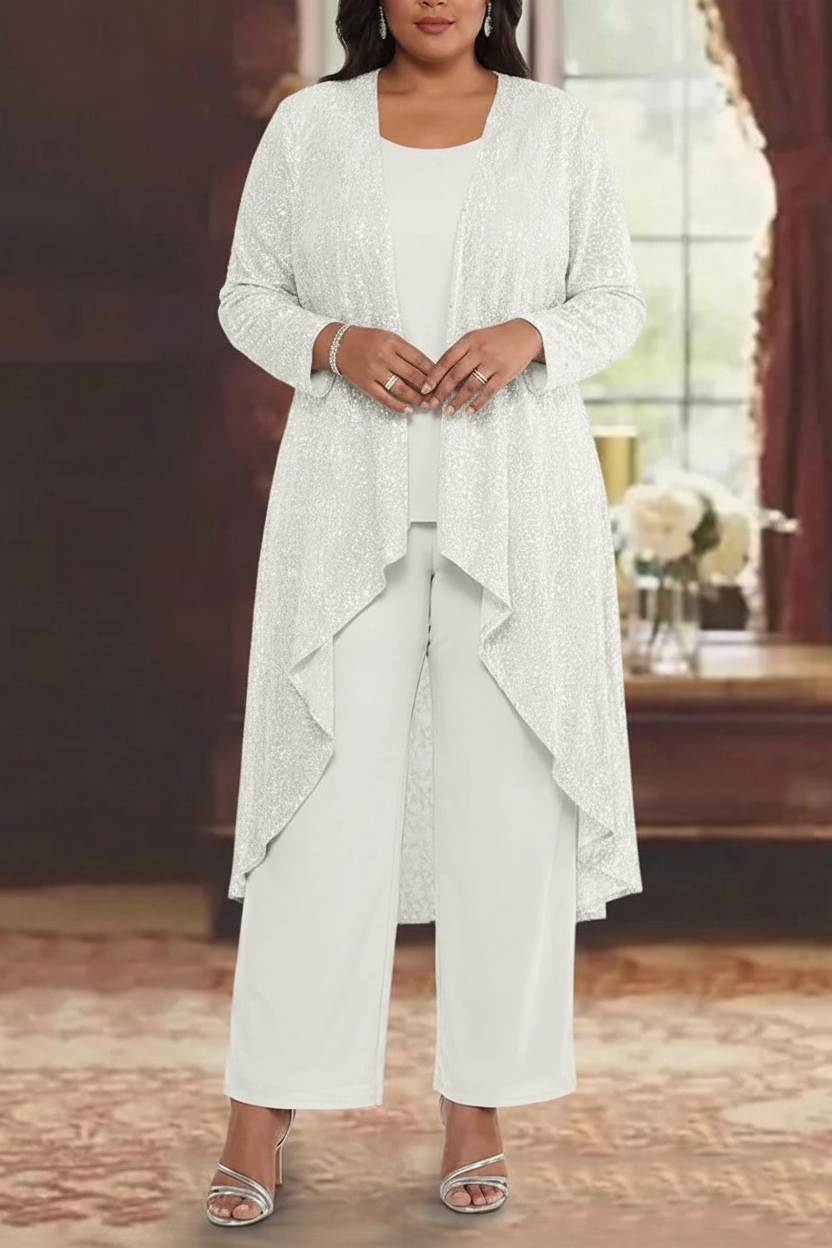 3 Pieces Chiffon Sequins Scoop Plus Size Mother of the Bride Pantsuits with Jacket Long Sleeves Ankle-Length