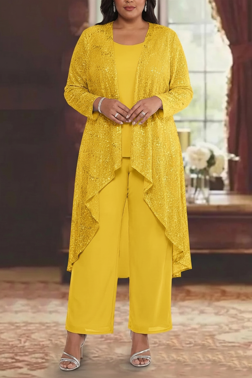 3 Pieces Chiffon Sequins Scoop Plus Size Mother of the Bride Pantsuits with Jacket Long Sleeves Ankle-Length