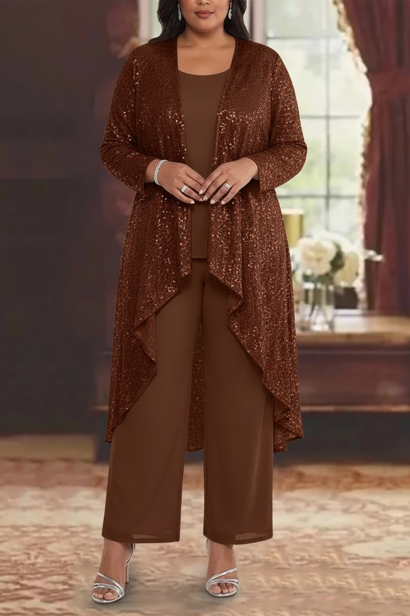 3 Pieces Chiffon Sequins Scoop Plus Size Mother of the Bride Pantsuits with Jacket Long Sleeves Ankle-Length