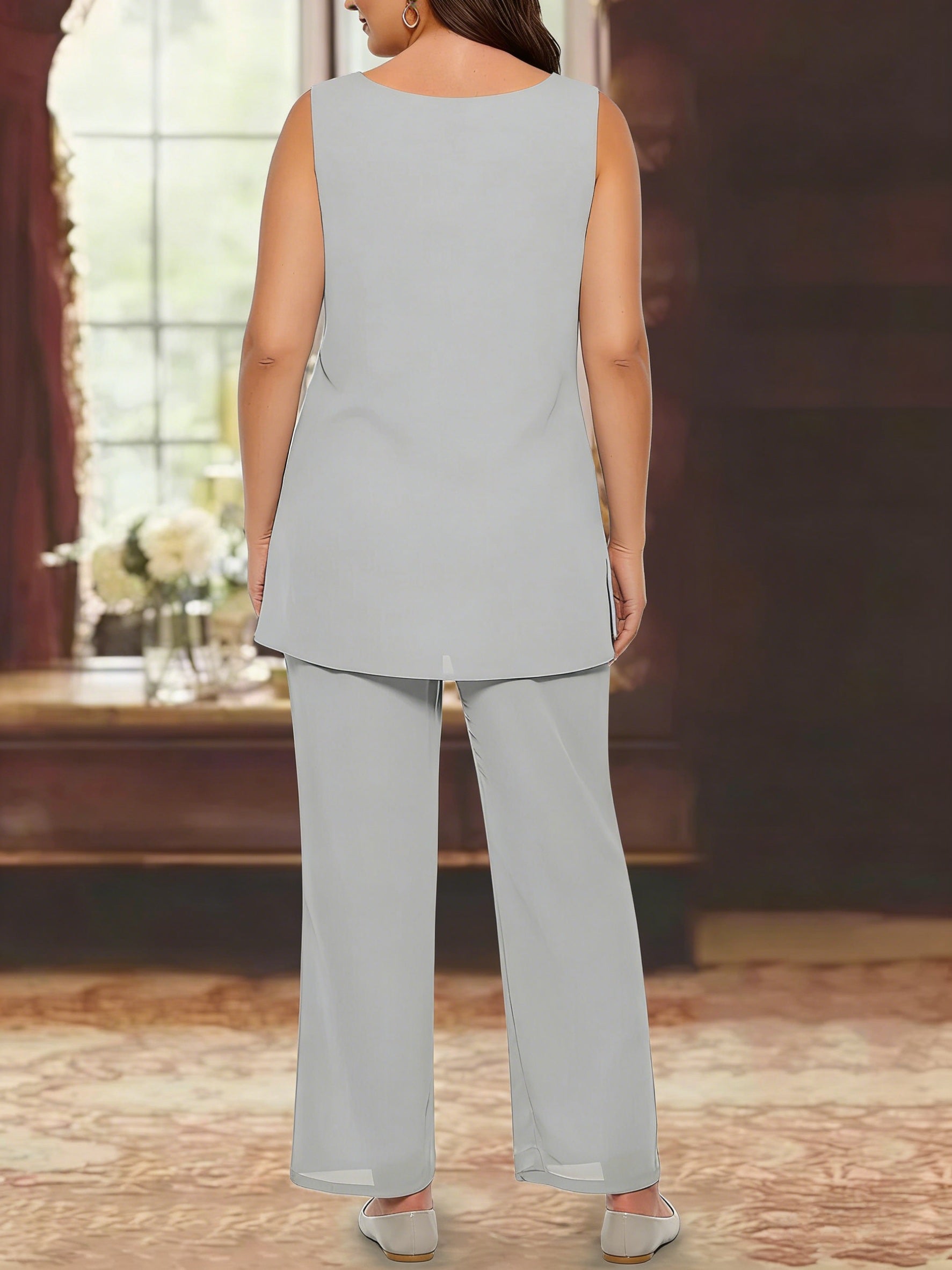 3 Pieces Chiffon Sequins Scoop Plus Size Mother of the Bride Pantsuits with Jacket Long Sleeves Ankle-Length