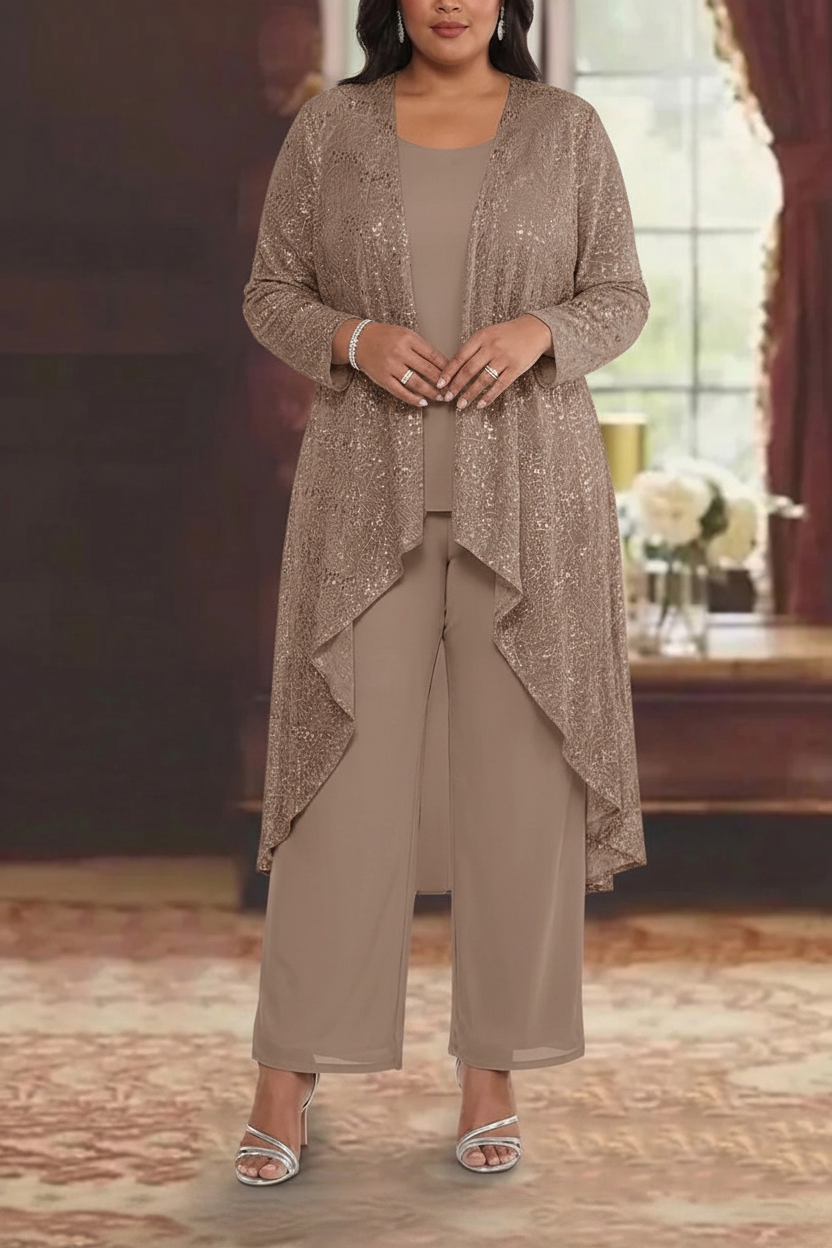 3 Pieces Chiffon Sequins Scoop Plus Size Mother of the Bride Pantsuits with Jacket Long Sleeves Ankle-Length