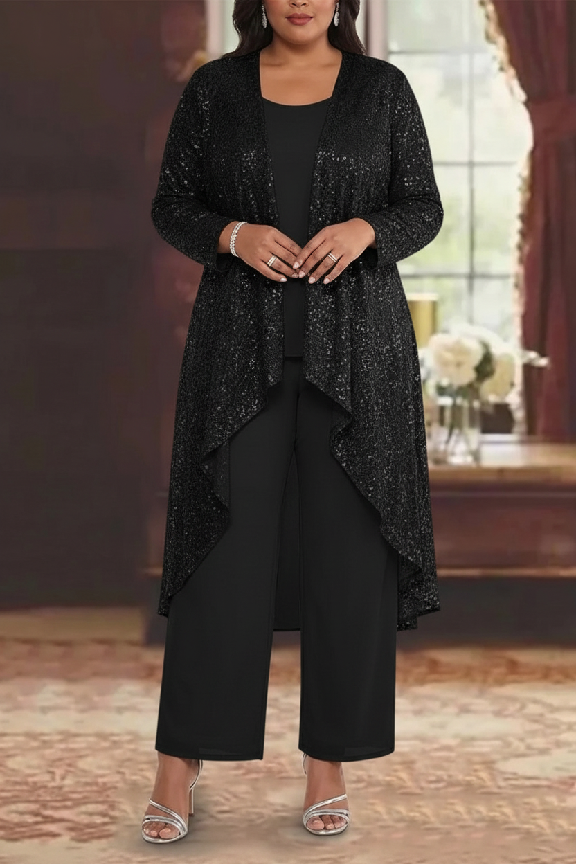3 Pieces Chiffon Sequins Scoop Plus Size Mother of the Bride Pantsuits with Jacket Long Sleeves Ankle-Length