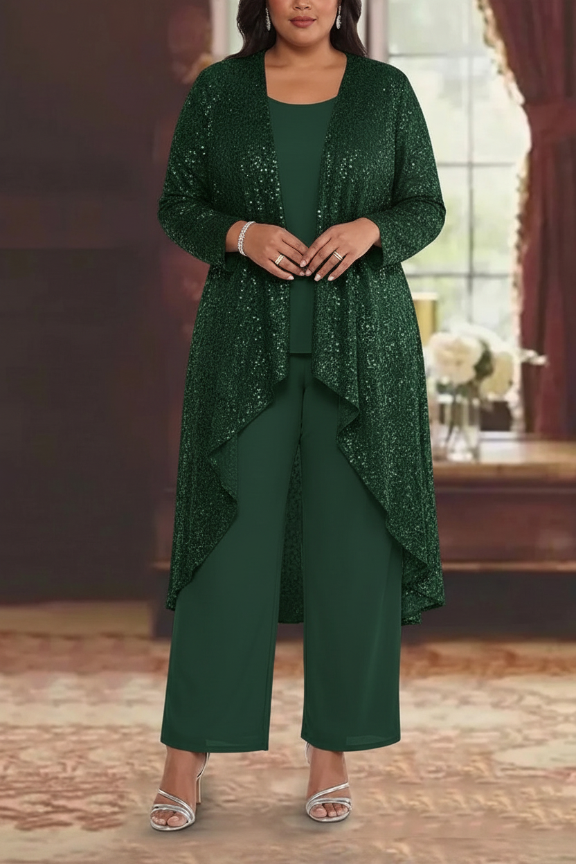 3 Pieces Chiffon Sequins Scoop Plus Size Mother of the Bride Pantsuits with Jacket Long Sleeves Ankle-Length