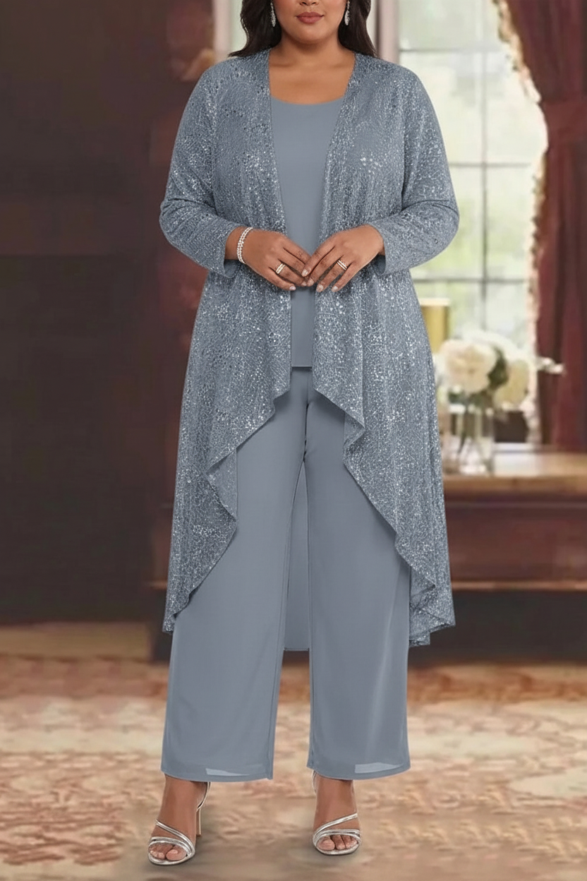 3 Pieces Chiffon Sequins Scoop Plus Size Mother of the Bride Pantsuits with Jacket Long Sleeves Ankle-Length