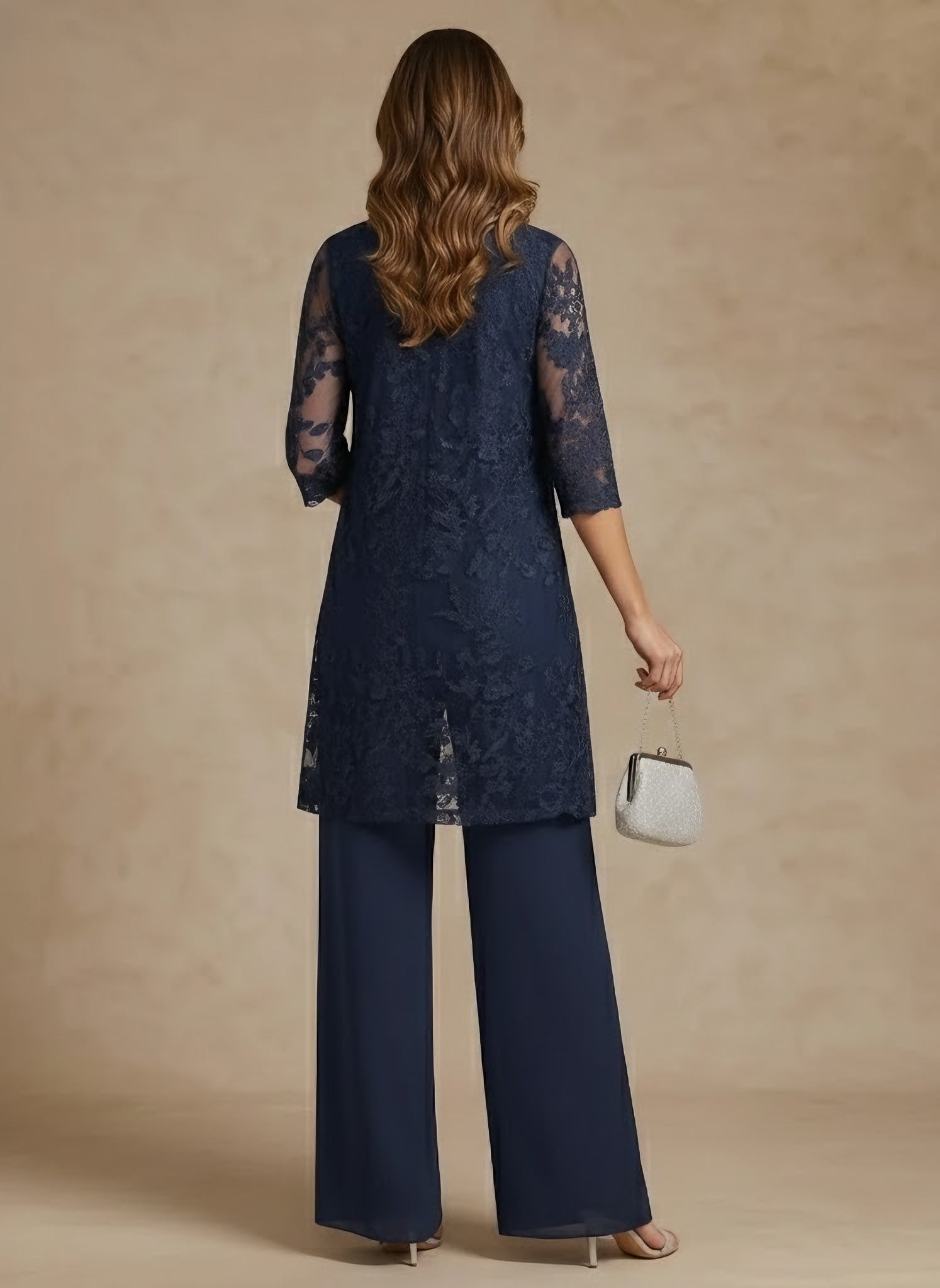 3 Pieces Scoop Chiffon Mother of the Bride Pantsuits with Jacket Lace Ankle-Length Floral 3/4 Sleeves