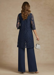 3 Pieces Scoop Chiffon Mother of the Bride Pantsuits with Jacket Lace Ankle-Length Floral 3/4 Sleeves