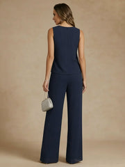 3 Pieces Scoop Chiffon Mother of the Bride Pantsuits with Jacket Lace Ankle-Length Floral 3/4 Sleeves
