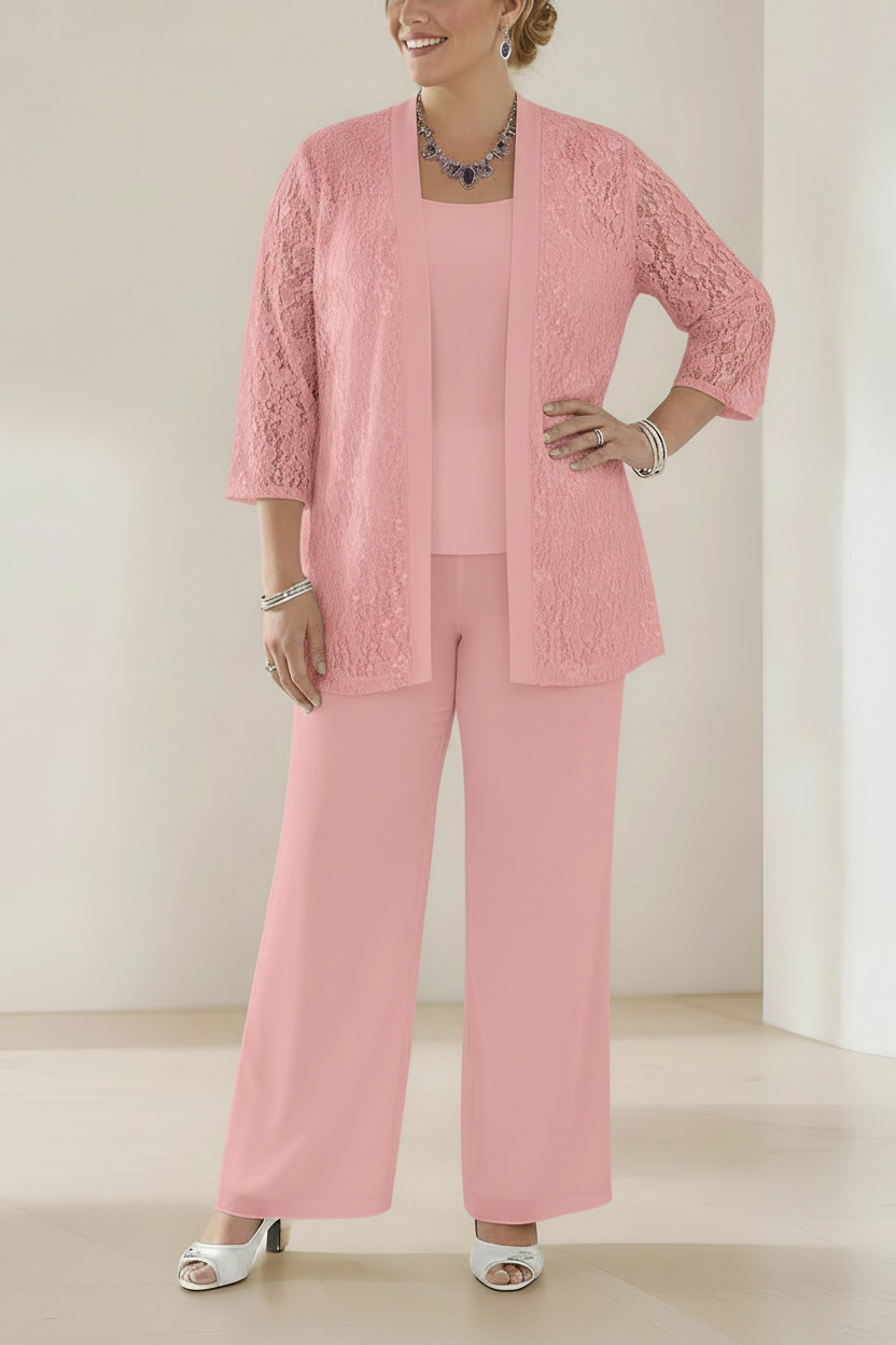 3 Pieces Scoop Neck 3/4 Sleeves Plus Size Mother of the Bride Pantsuits with Lace & Sequins & Jacket Ankle-Length