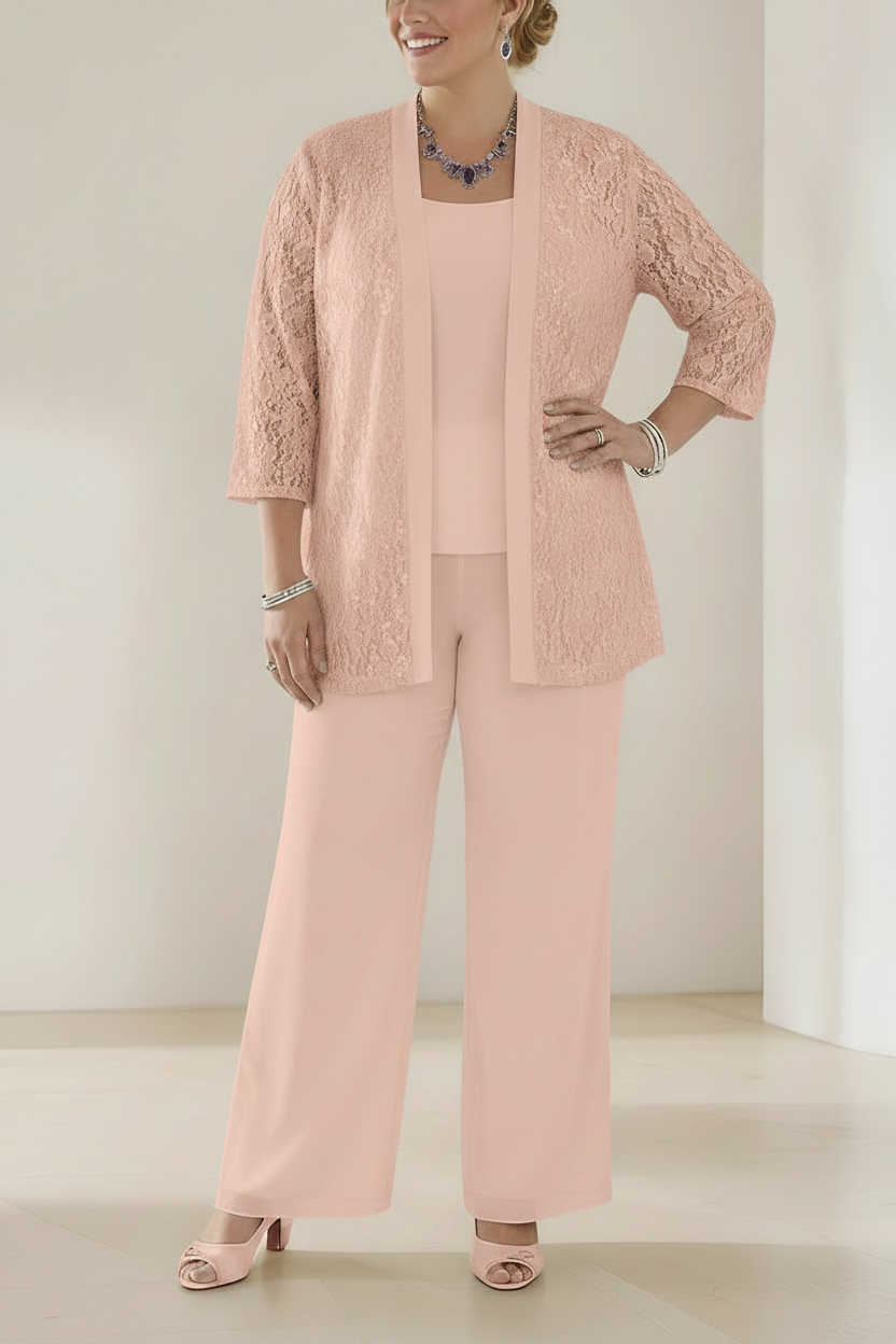 3 Pieces Scoop Neck 3/4 Sleeves Plus Size Mother of the Bride Pantsuits with Lace & Sequins & Jacket Ankle-Length