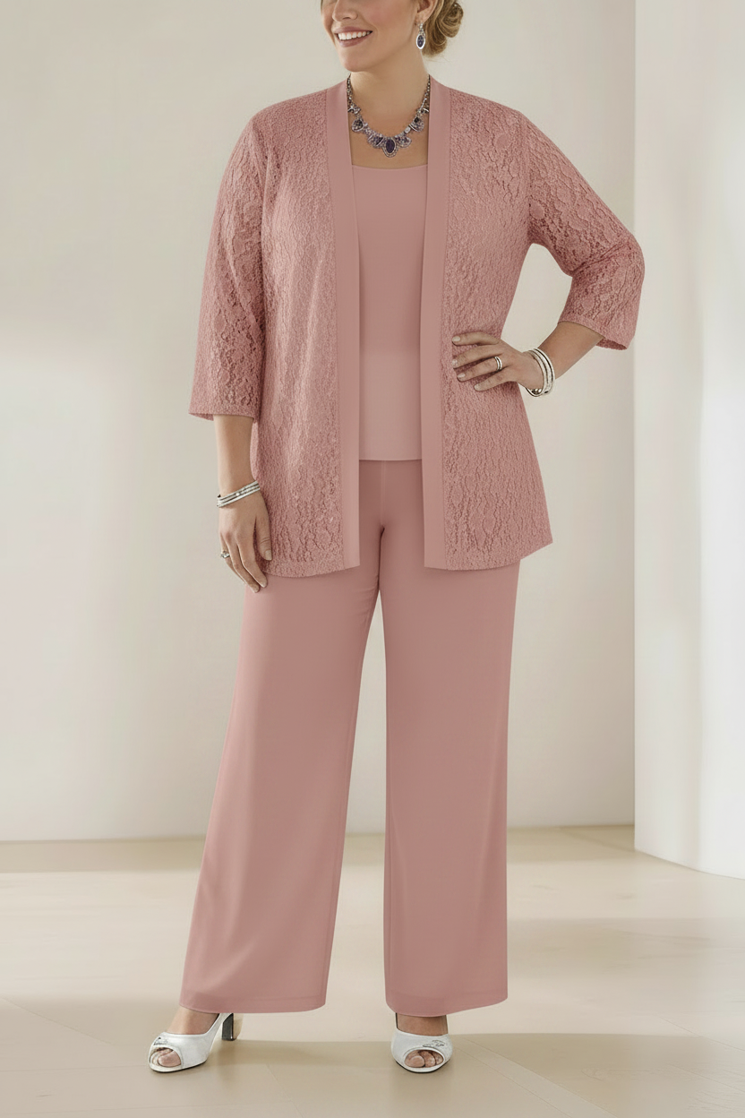 3 Pieces Scoop Neck 3/4 Sleeves Plus Size Mother of the Bride Pantsuits with Lace & Sequins & Jacket Ankle-Length