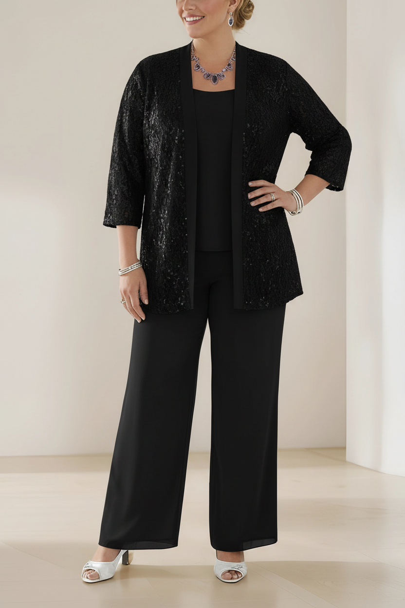 3 Pieces Scoop Neck 3/4 Sleeves Plus Size Mother of the Bride Pantsuits with Lace & Sequins & Jacket Ankle-Length