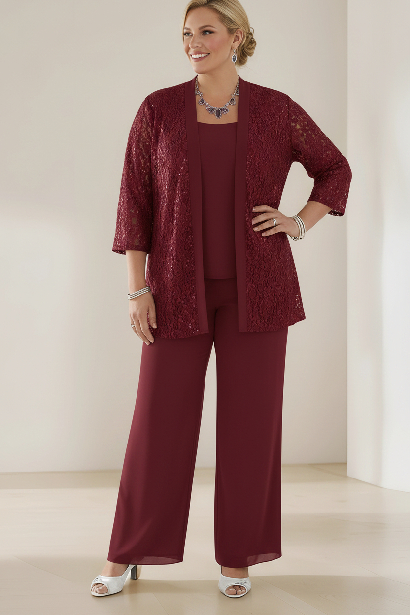 3 Pieces Scoop Neck 3/4 Sleeves Plus Size Mother of the Bride Pantsuits with Lace & Sequins & Jacket Ankle-Length