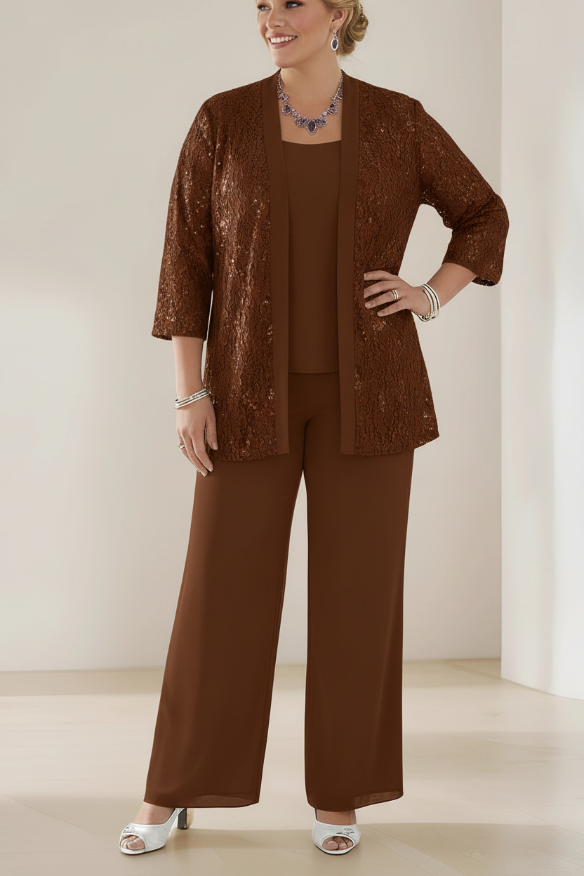 3 Pieces Scoop Neck 3/4 Sleeves Plus Size Mother of the Bride Pantsuits with Lace & Sequins & Jacket Ankle-Length