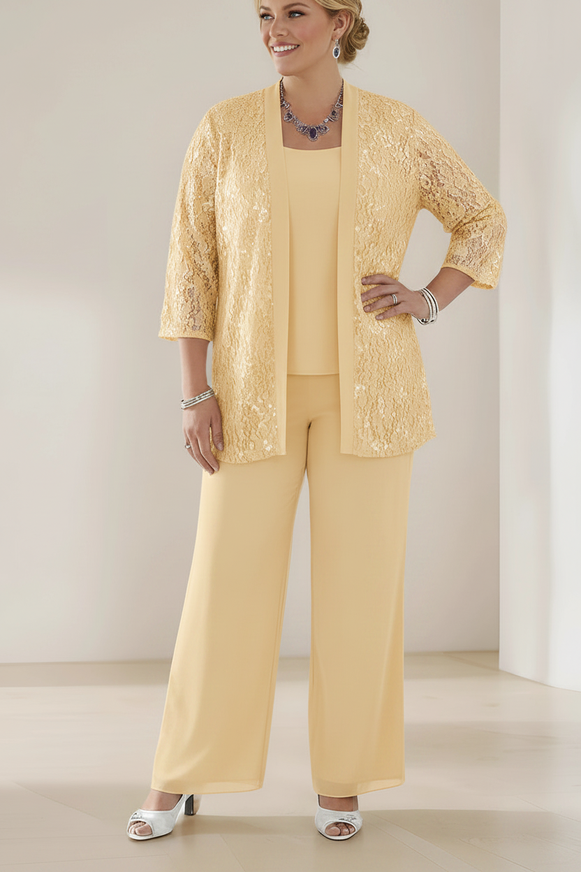 3 Pieces Scoop Neck 3/4 Sleeves Plus Size Mother of the Bride Pantsuits with Lace & Sequins & Jacket Ankle-Length