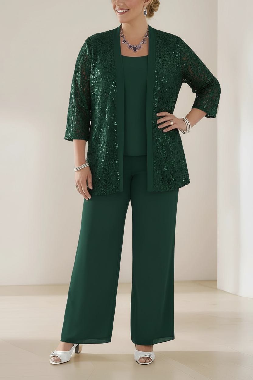 3 Pieces Scoop Neck 3/4 Sleeves Plus Size Mother of the Bride Pantsuits with Lace & Sequins & Jacket Ankle-Length