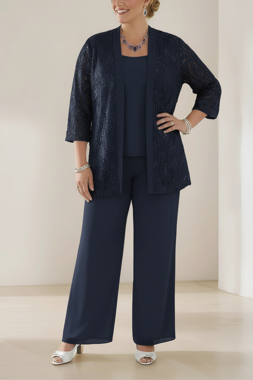 3 Pieces Scoop Neck 3/4 Sleeves Plus Size Mother of the Bride Pantsuits with Lace & Sequins & Jacket Ankle-Length