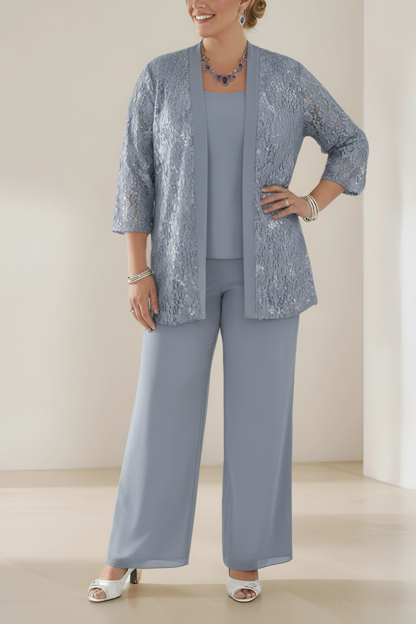 3 Pieces Scoop Neck 3/4 Sleeves Plus Size Mother of the Bride Pantsuits with Lace & Sequins & Jacket Ankle-Length