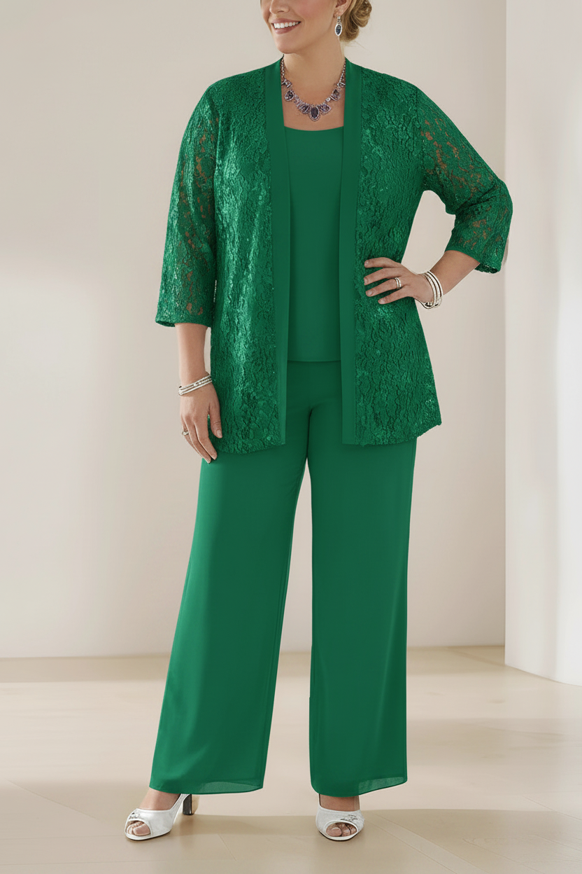 3 Pieces Scoop Neck 3/4 Sleeves Plus Size Mother of the Bride Pantsuits with Lace & Sequins & Jacket Ankle-Length