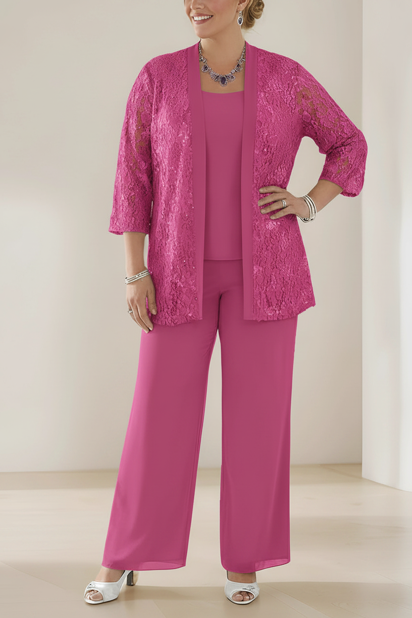 3 Pieces Scoop Neck 3/4 Sleeves Plus Size Mother of the Bride Pantsuits with Lace & Sequins & Jacket Ankle-Length