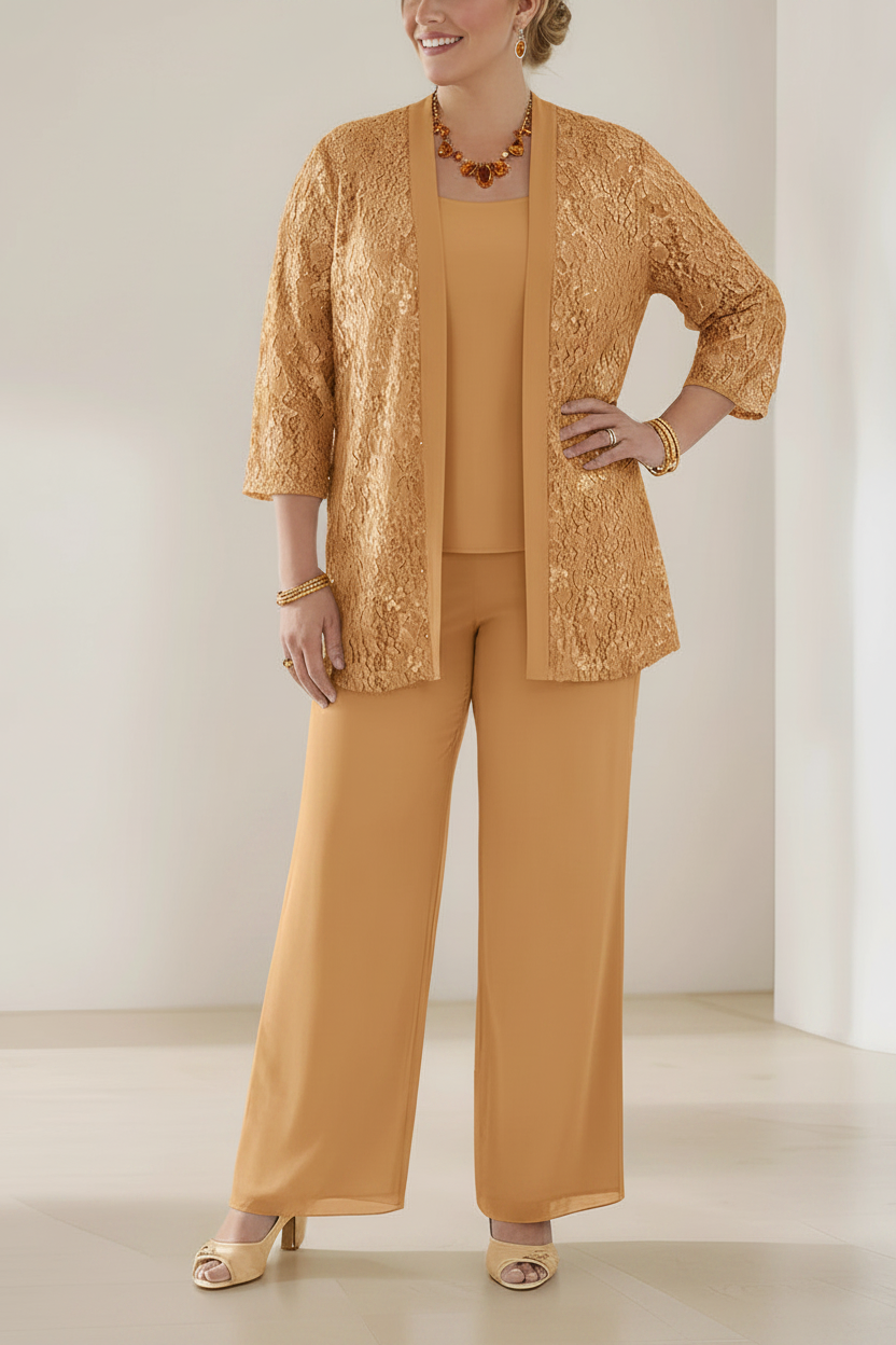 3 Pieces Scoop Neck 3/4 Sleeves Plus Size Mother of the Bride Pantsuits with Lace & Sequins & Jacket Ankle-Length