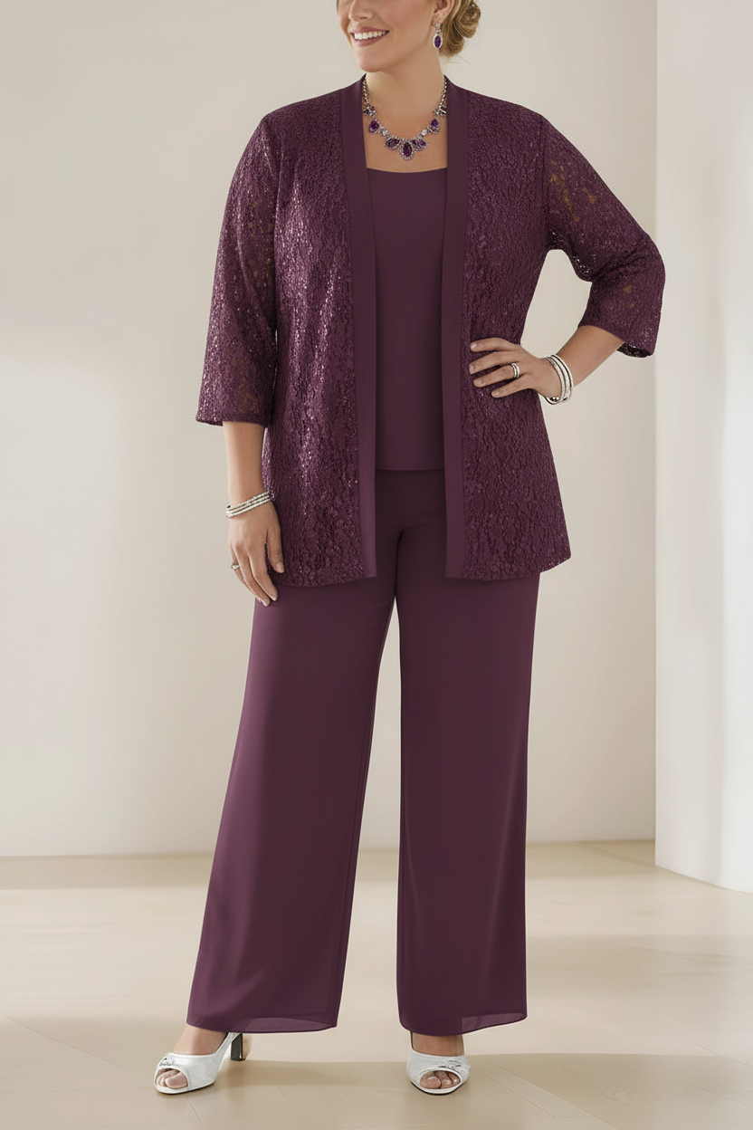 3 Pieces Scoop Neck 3/4 Sleeves Plus Size Mother of the Bride Pantsuits with Lace & Sequins & Jacket Ankle-Length