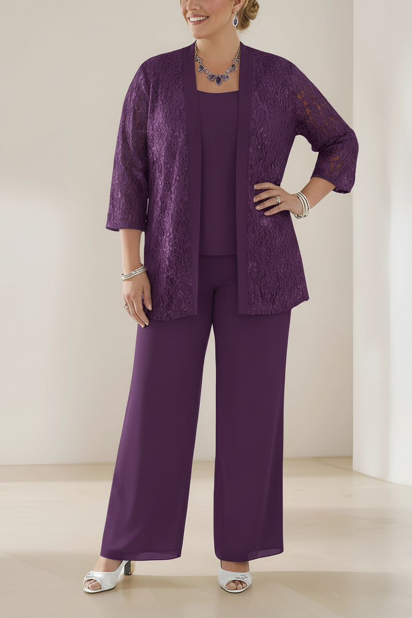 3 Pieces Scoop Neck 3/4 Sleeves Plus Size Mother of the Bride Pantsuits with Lace & Sequins & Jacket Ankle-Length