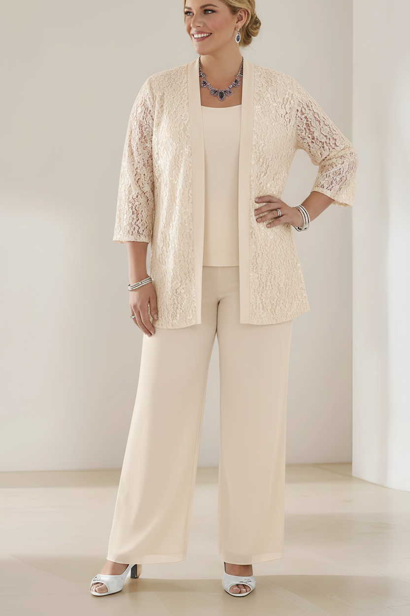 3 Pieces Scoop Neck 3/4 Sleeves Plus Size Mother of the Bride Pantsuits with Lace & Sequins & Jacket Ankle-Length