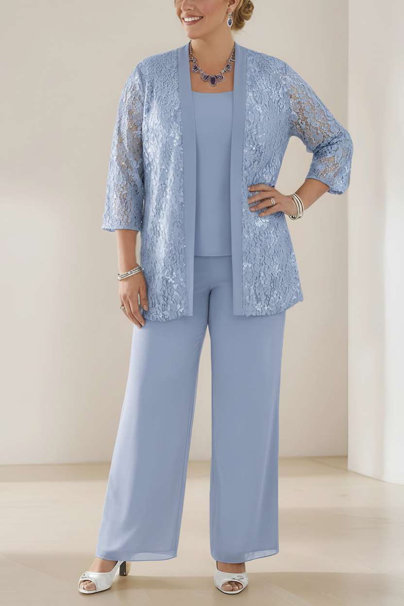 3 Pieces Scoop Neck 3/4 Sleeves Plus Size Mother of the Bride Pantsuits with Lace & Sequins & Jacket Ankle-Length