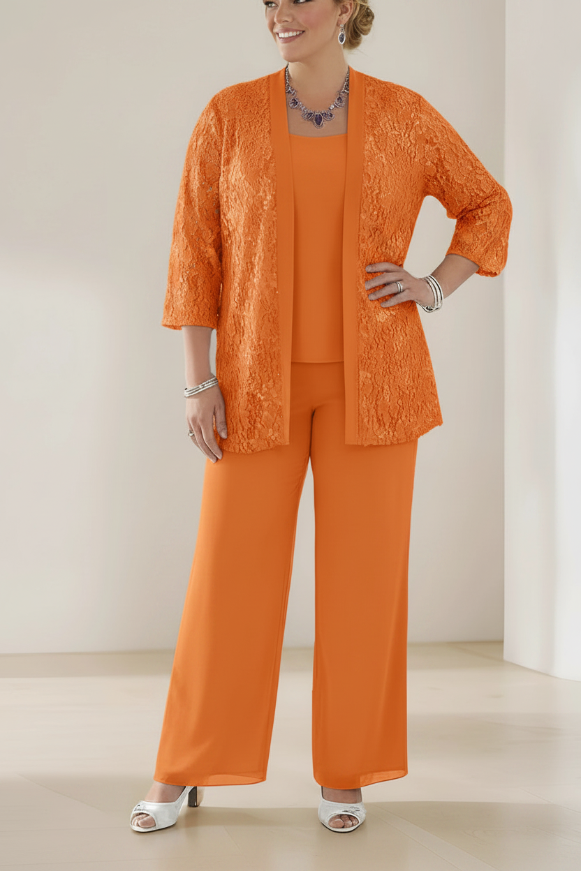 3 Pieces Scoop Neck 3/4 Sleeves Plus Size Mother of the Bride Pantsuits with Lace & Sequins & Jacket Ankle-Length