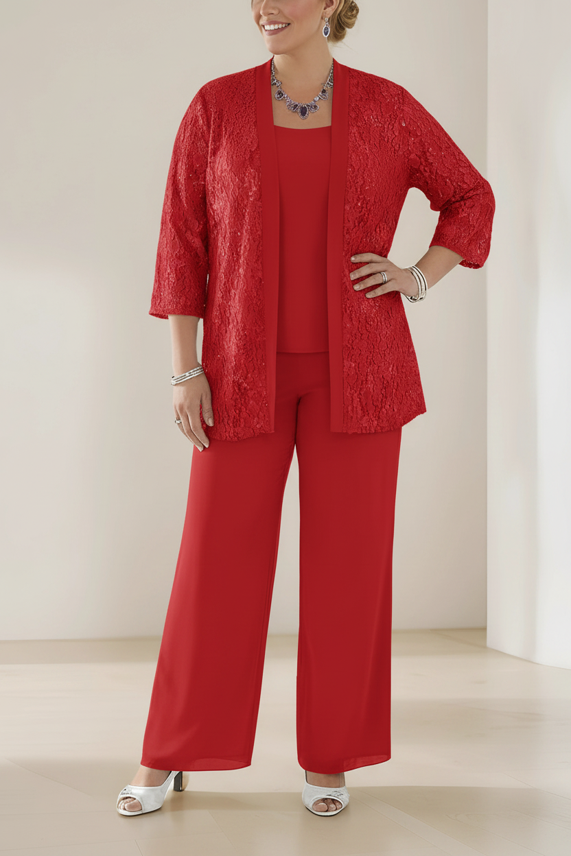 3 Pieces Scoop Neck 3/4 Sleeves Plus Size Mother of the Bride Pantsuits with Lace & Sequins & Jacket Ankle-Length