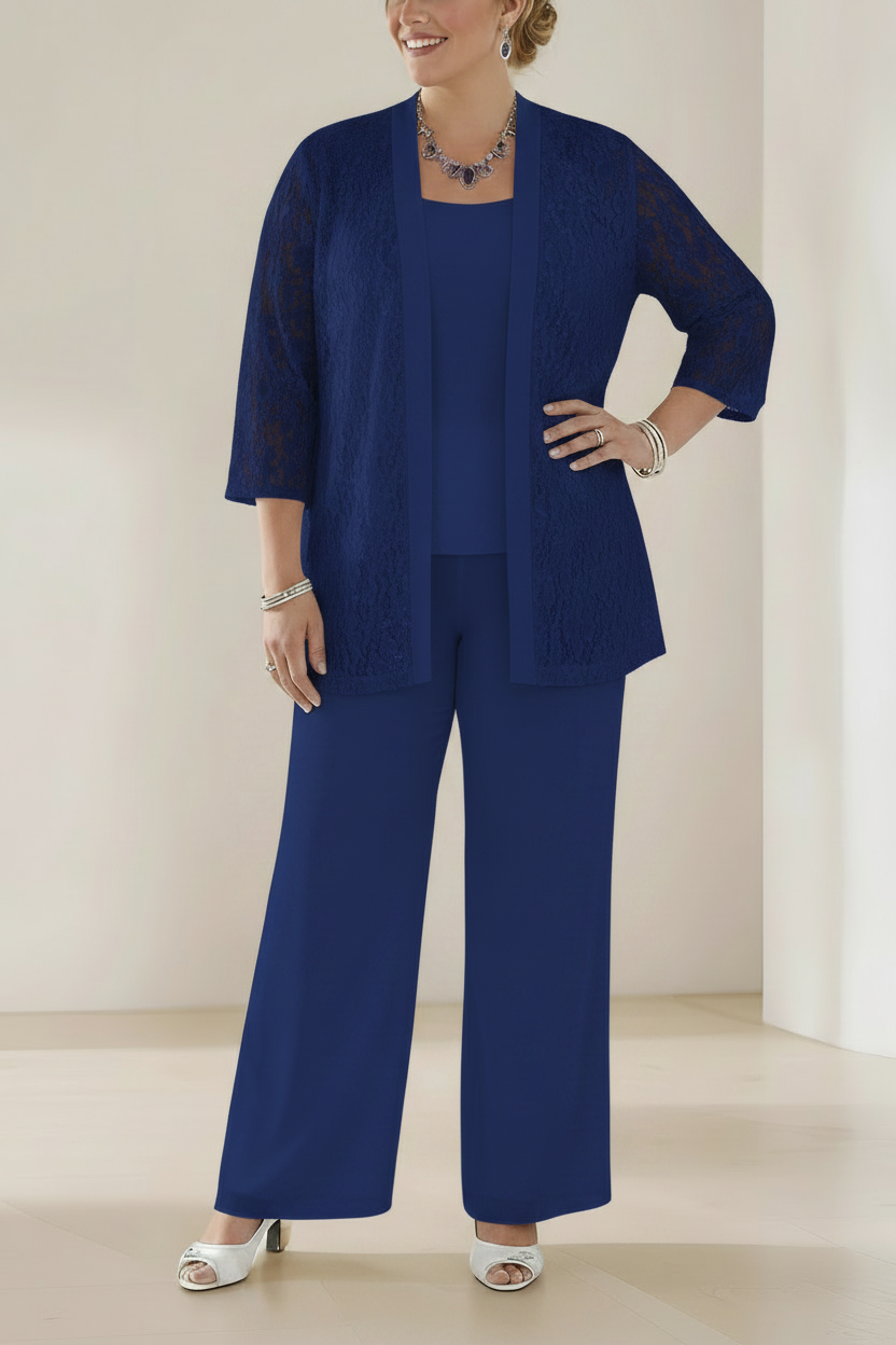 3 Pieces Scoop Neck 3/4 Sleeves Plus Size Mother of the Bride Pantsuits with Lace & Sequins & Jacket Ankle-Length