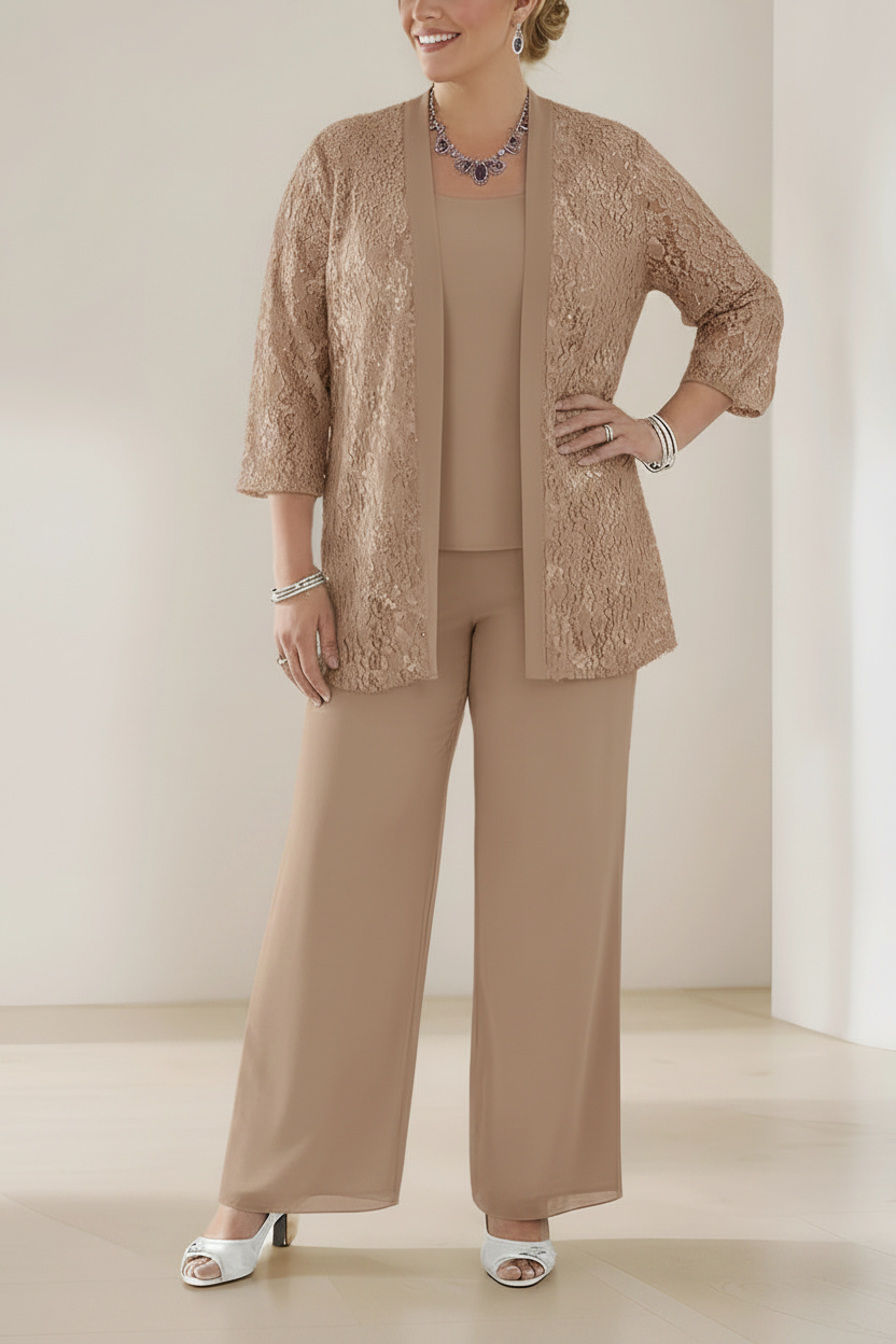 3 Pieces Scoop Neck 3/4 Sleeves Plus Size Mother of the Bride Pantsuits with Lace & Sequins & Jacket Ankle-Length