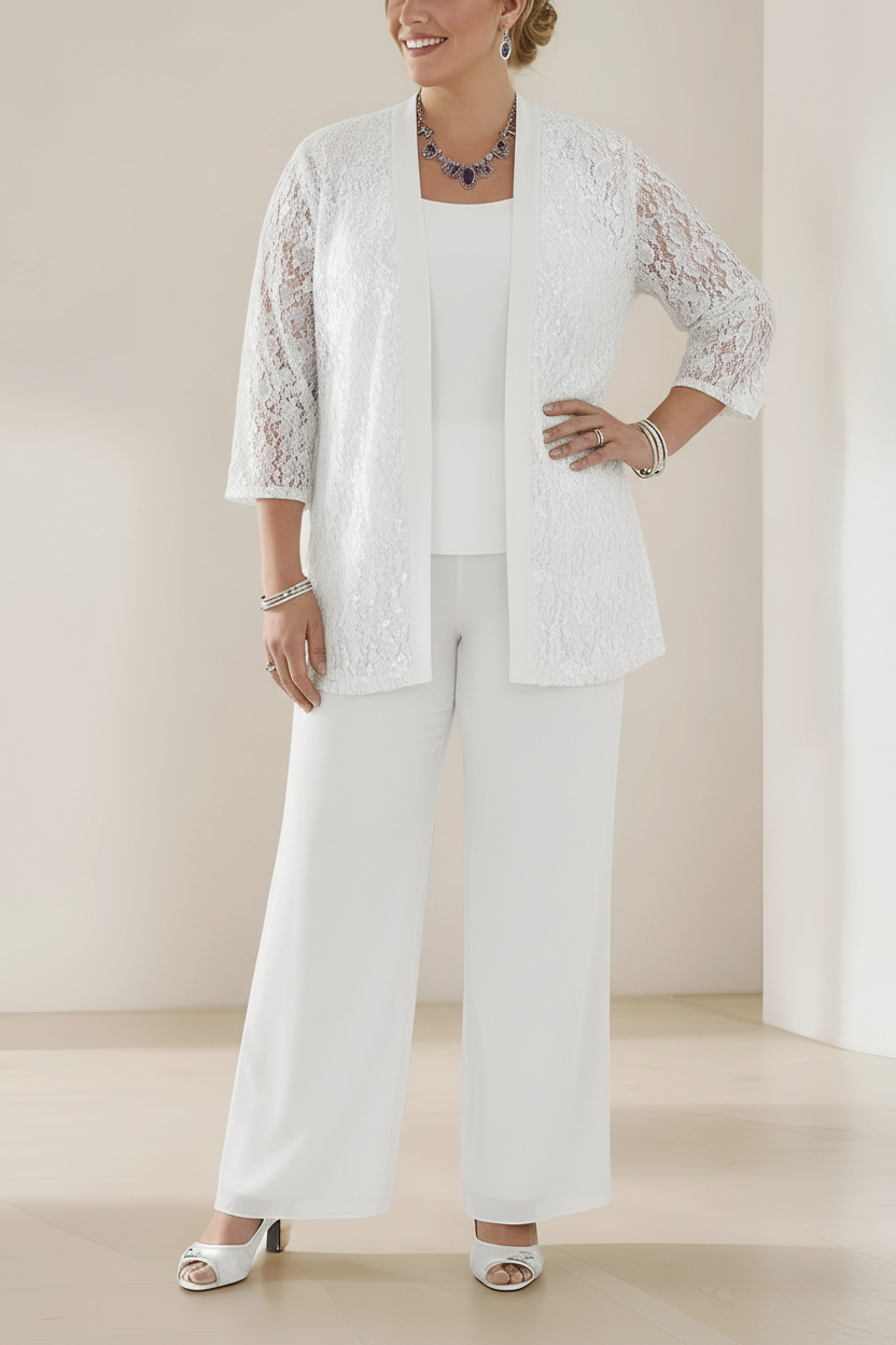 3 Pieces Scoop Neck 3/4 Sleeves Plus Size Mother of the Bride Pantsuits with Lace & Sequins & Jacket Ankle-Length