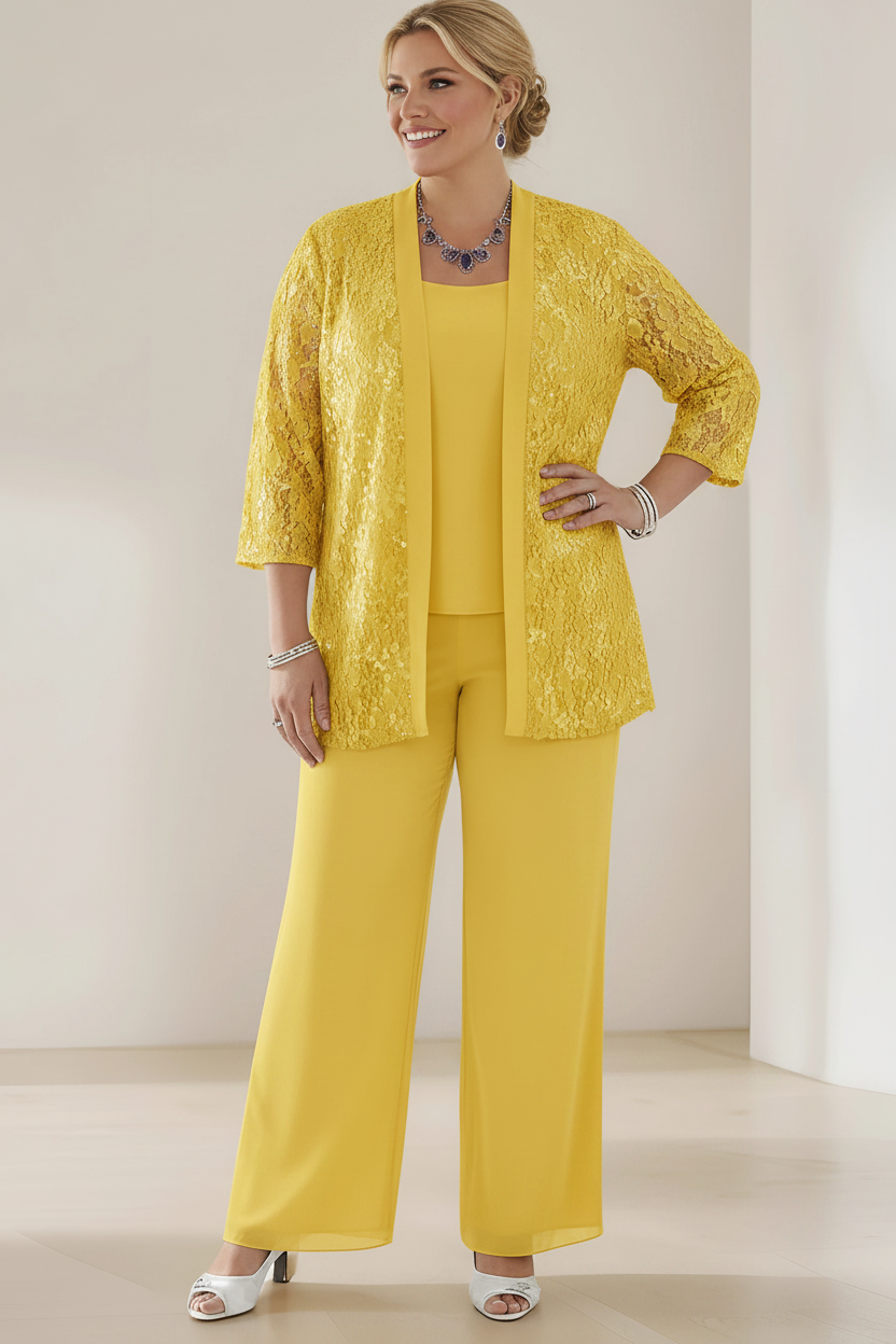 3 Pieces Scoop Neck 3/4 Sleeves Plus Size Mother of the Bride Pantsuits with Lace & Sequins & Jacket Ankle-Length