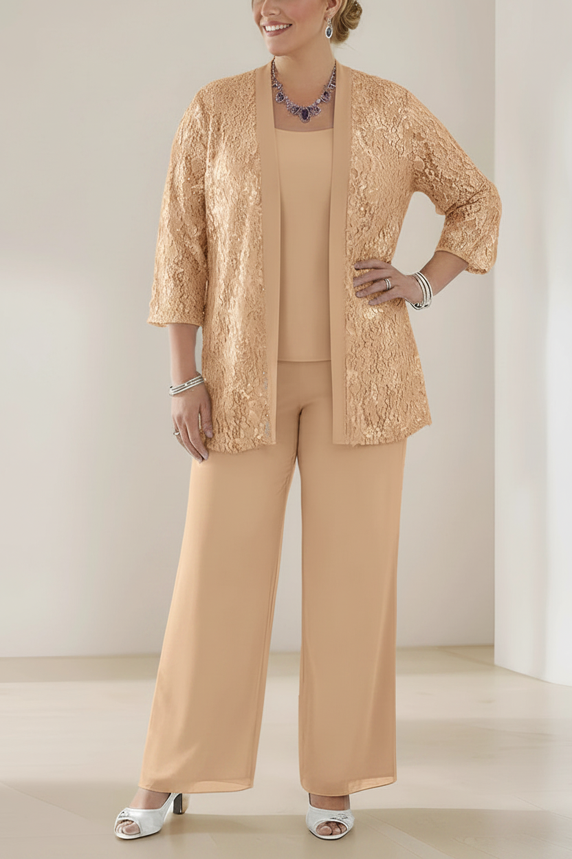 3 Pieces Scoop Neck 3/4 Sleeves Plus Size Mother of the Bride Pantsuits with Lace & Sequins & Jacket Ankle-Length