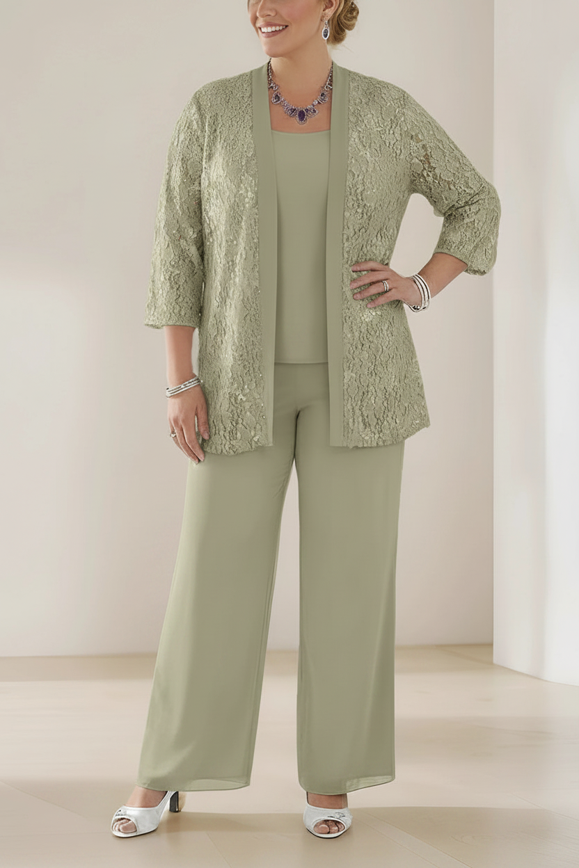 3 Pieces Scoop Neck 3/4 Sleeves Plus Size Mother of the Bride Pantsuits with Lace & Sequins & Jacket Ankle-Length
