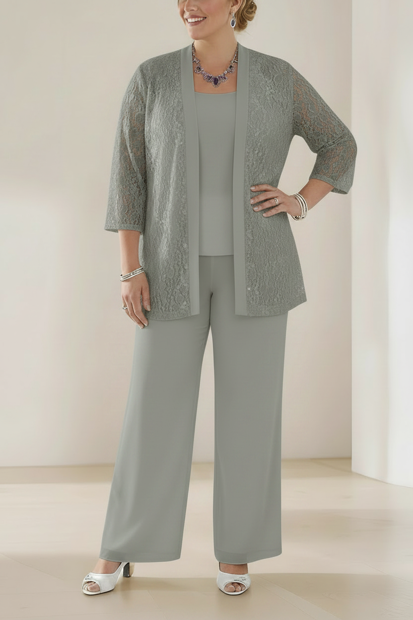 3 Pieces Scoop Neck 3/4 Sleeves Plus Size Mother of the Bride Pantsuits with Lace & Sequins & Jacket Ankle-Length