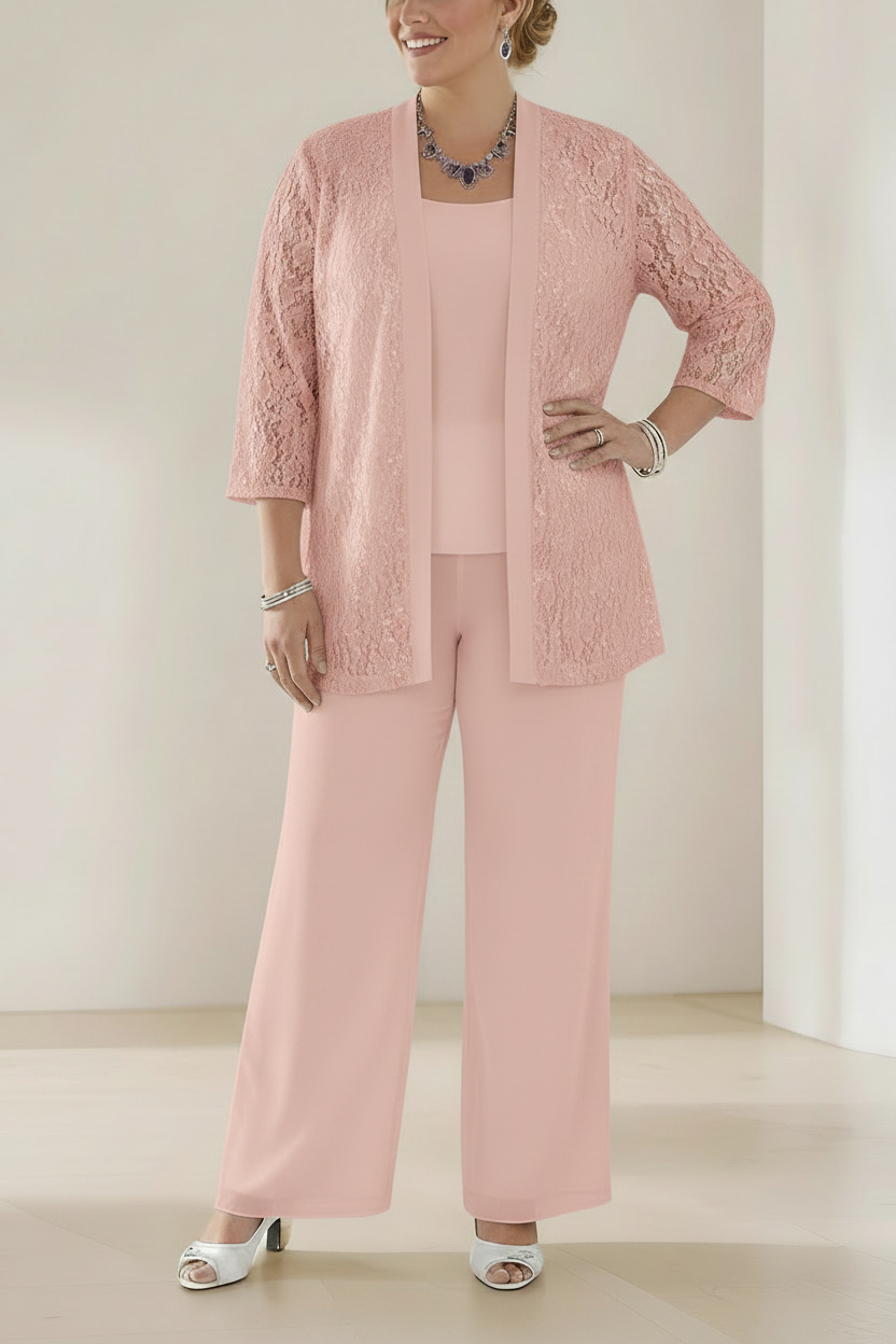3 Pieces Scoop Neck 3/4 Sleeves Plus Size Mother of the Bride Pantsuits with Lace & Sequins & Jacket Ankle-Length