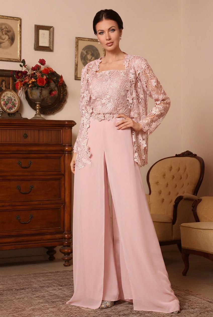 3 Pieces Square Collar Chiffon Mother of the Bride Pantsuits with Jacket Overskirt Lace Floral Floor-Length Long Sleeves