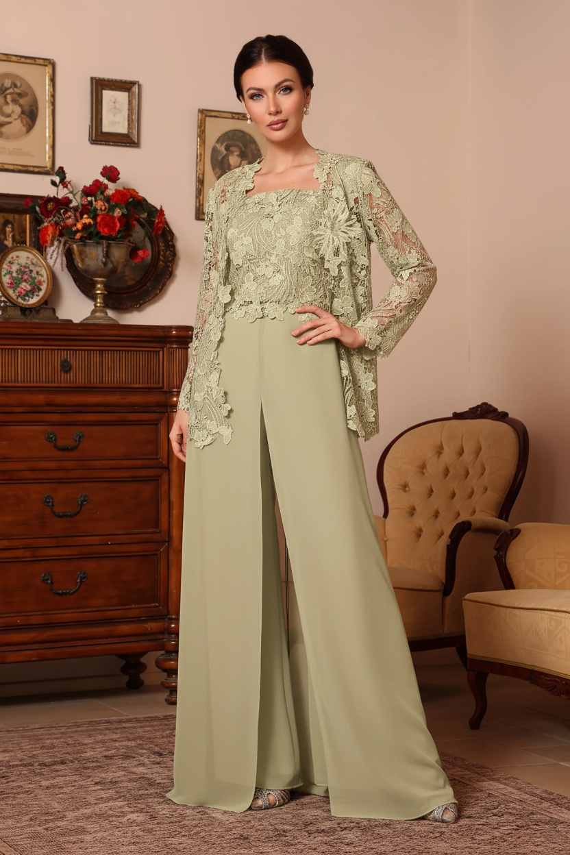 3 Pieces Square Collar Chiffon Mother of the Bride Pantsuits with Jacket Overskirt Lace Floral Floor-Length Long Sleeves