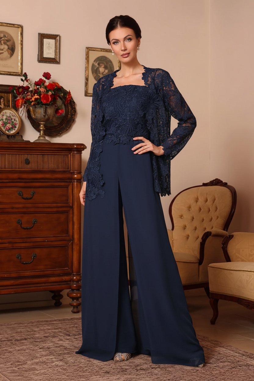 3 Pieces Square Collar Chiffon Mother of the Bride Pantsuits with Jacket Overskirt Lace Floral Floor-Length Long Sleeves