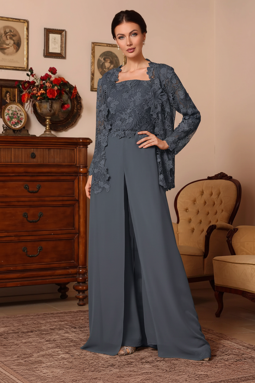 3 Pieces Square Collar Chiffon Mother of the Bride Pantsuits with Jacket Overskirt Lace Floral Floor-Length Long Sleeves