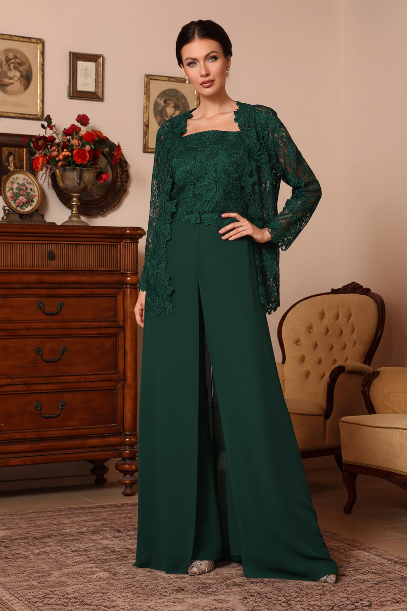 3 Pieces Square Collar Chiffon Mother of the Bride Pantsuits with Jacket Overskirt Lace Floral Floor-Length Long Sleeves