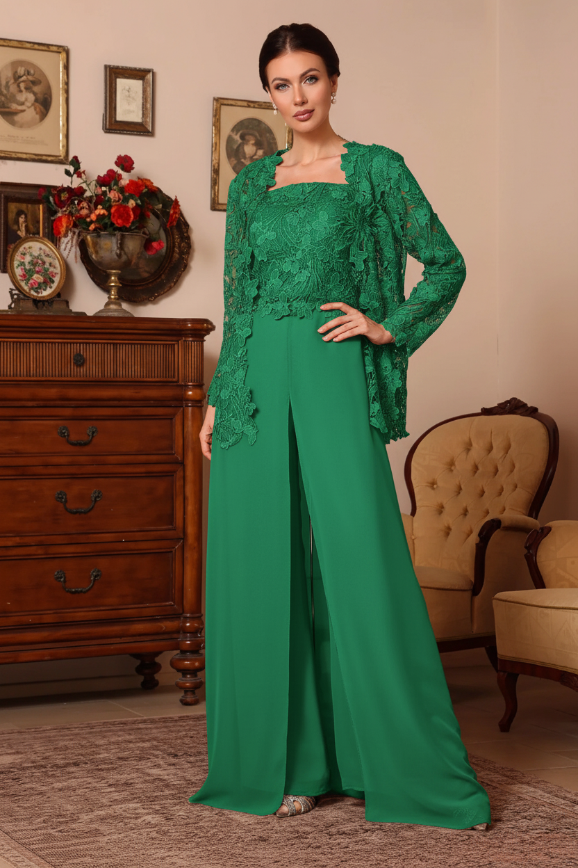 3 Pieces Square Collar Chiffon Mother of the Bride Pantsuits with Jacket Overskirt Lace Floral Floor-Length Long Sleeves