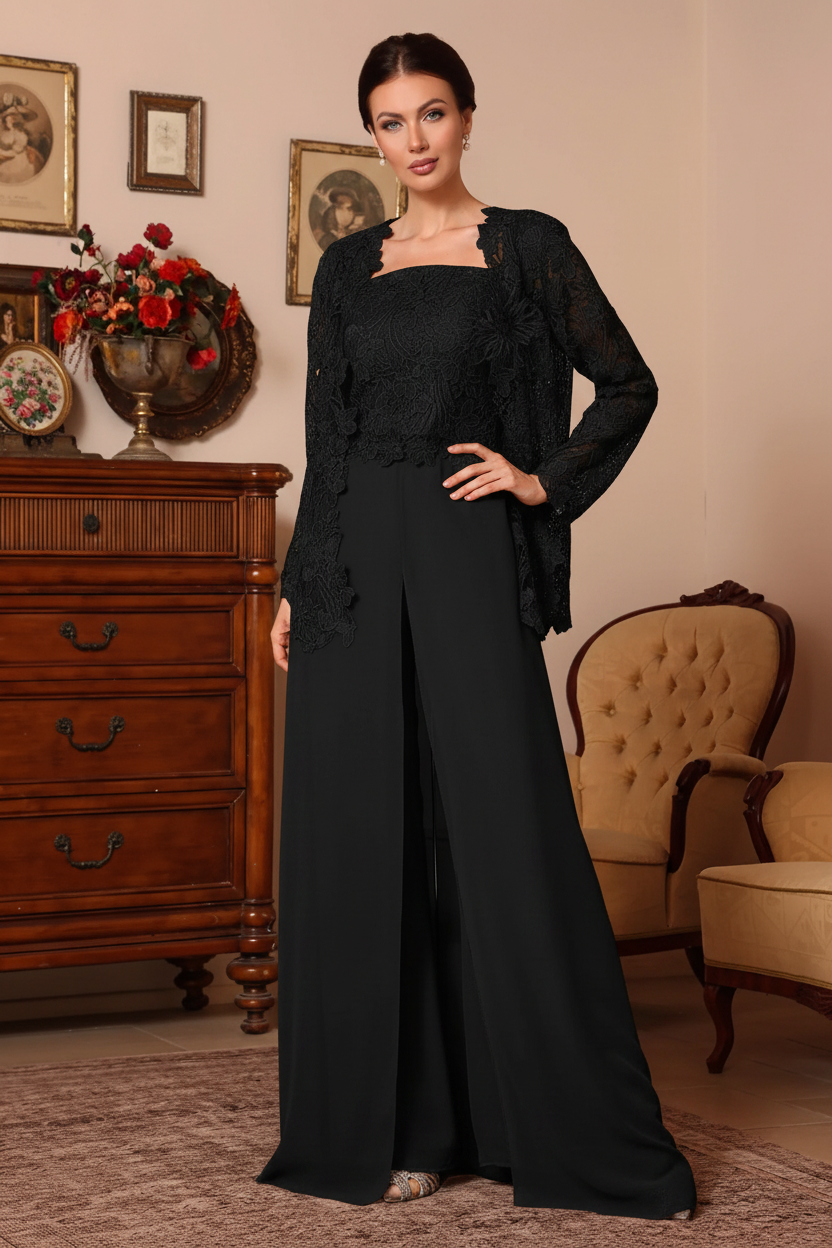 3 Pieces Square Collar Chiffon Mother of the Bride Pantsuits with Jacket Overskirt Lace Floral Floor-Length Long Sleeves