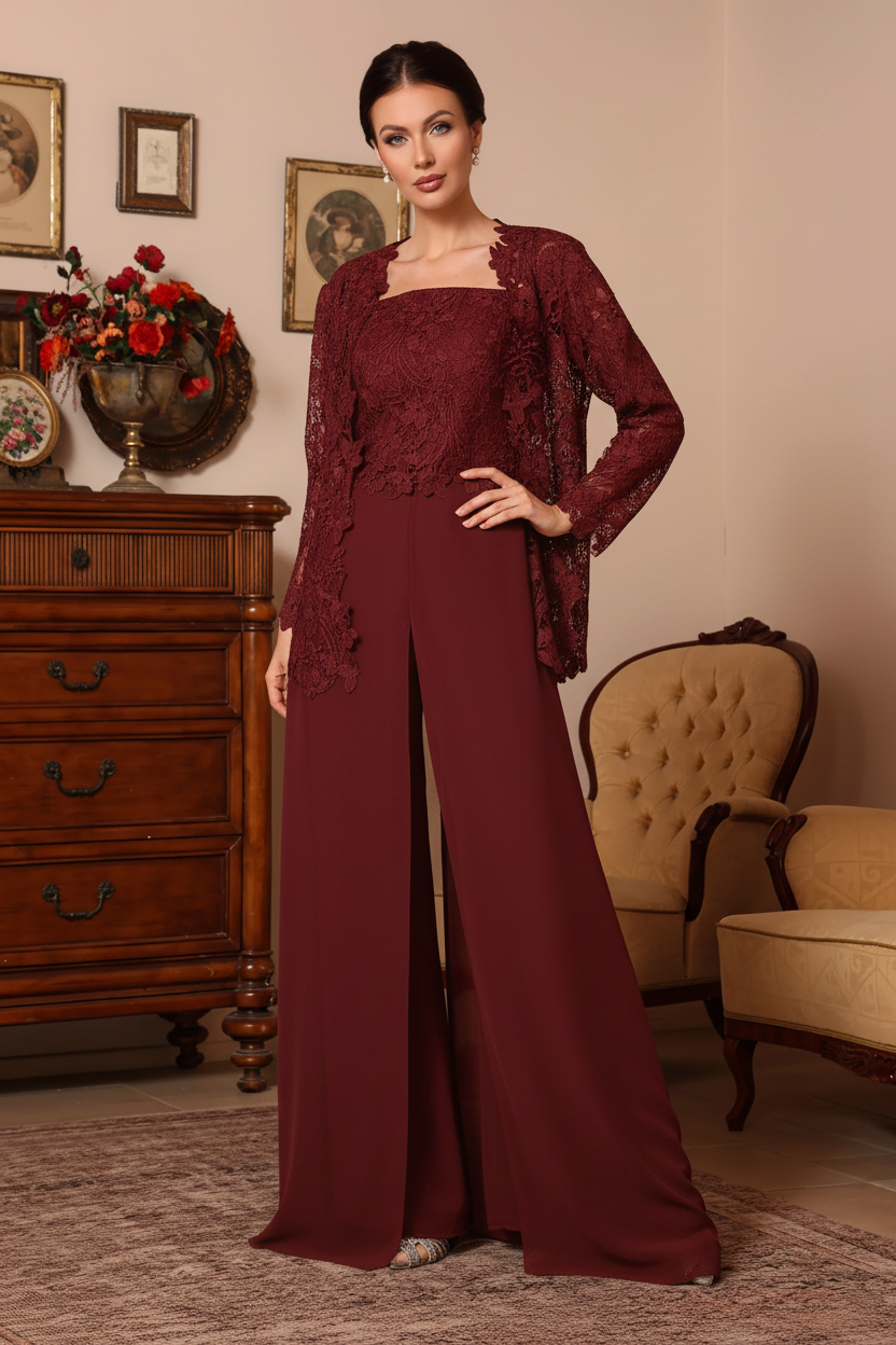 3 Pieces Square Collar Chiffon Mother of the Bride Pantsuits with Jacket Overskirt Lace Floral Floor-Length Long Sleeves