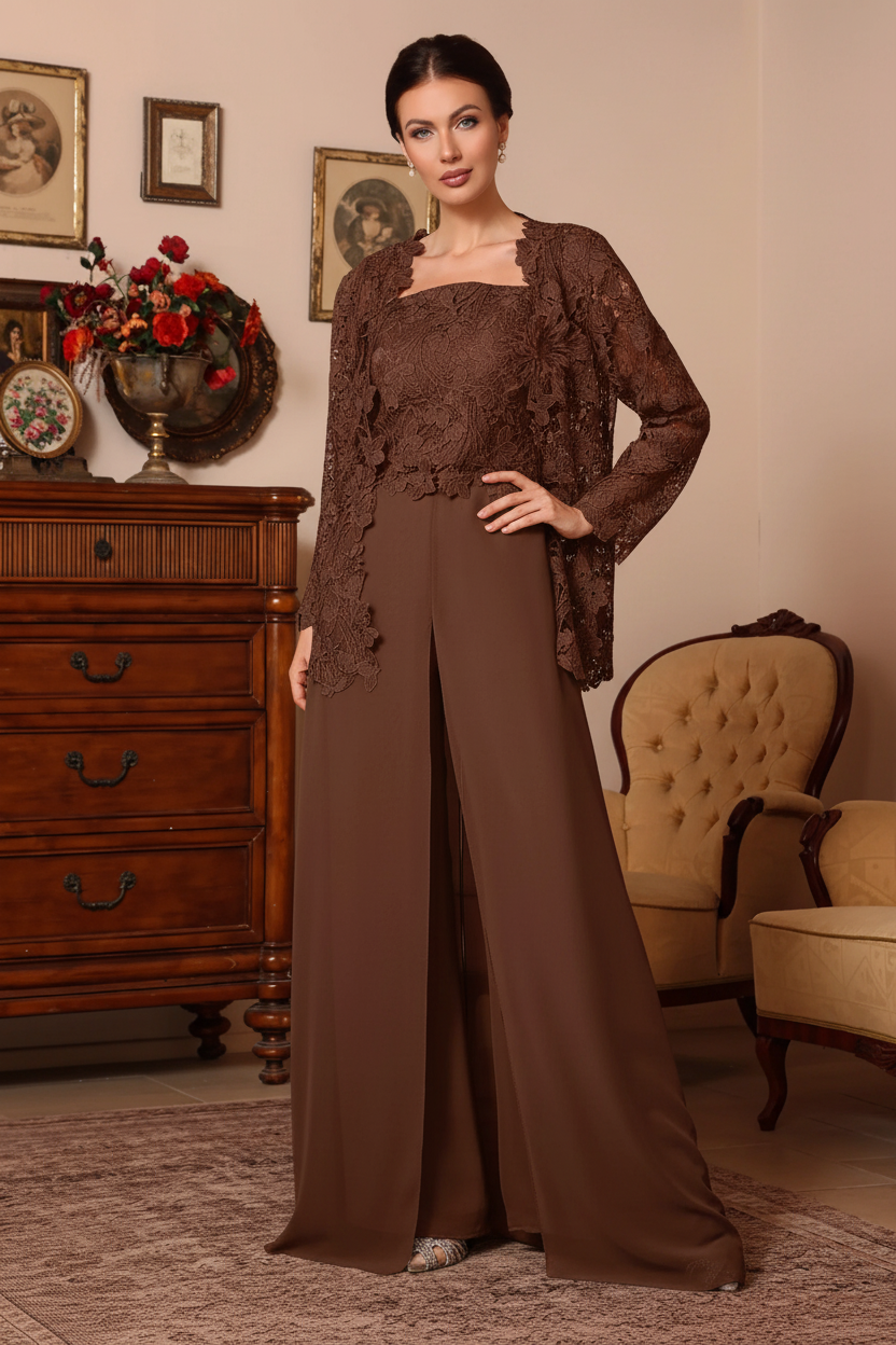 3 Pieces Square Collar Chiffon Mother of the Bride Pantsuits with Jacket Overskirt Lace Floral Floor-Length Long Sleeves